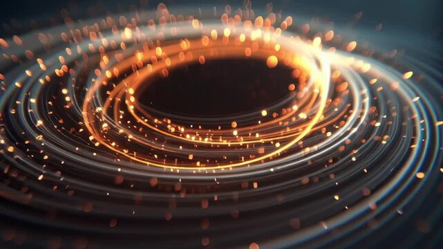 Golden rings swirl, glowing with fiery particles. Deep dark void frames the radiant motion. Light streaks dance in slow, mesmerizing motion. Perfect for futuristic, cosmic, or energy-themed visuals