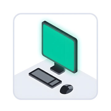 Isometric modern glowing computer setup with monitor keyboard and mouse.