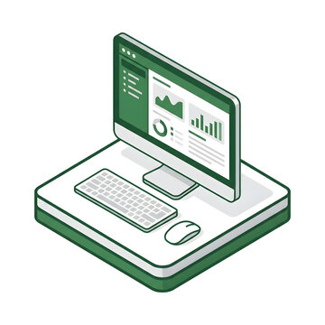 Green dashboard on computer screen isometric view.