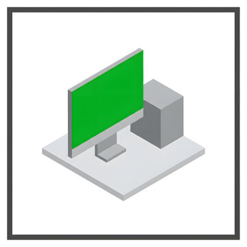 Isometric desktop computer with green screen monitor and tower on display.