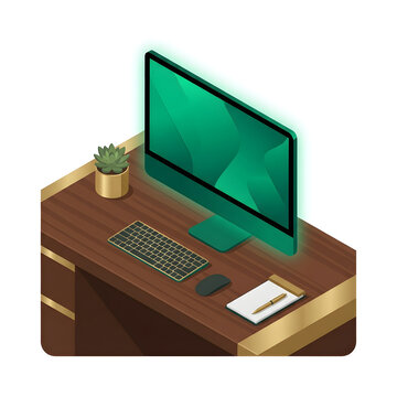 Glowing computer screen on wooden desk with plant.
