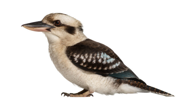 Kookaburra bird with brown and white feathers dark eyes, and black beak