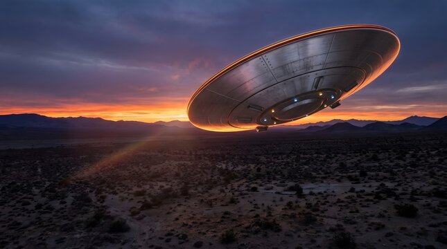 Metallic disc shaped unidentified flying object hovering above a vast desert landscape during a vibrant orange and purple sunset with dramatic clouds and glowing lights captured in high quality detail