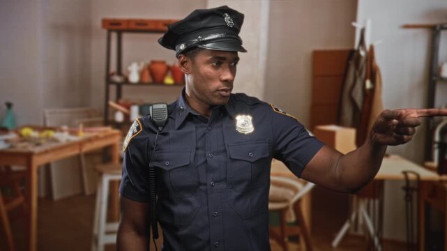 Man police officer points finger with outstretched arm, badge and radio visible inside art studio with tables and pottery; authority.
