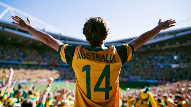 Back view of young male football fan cheering in stadium during world cup