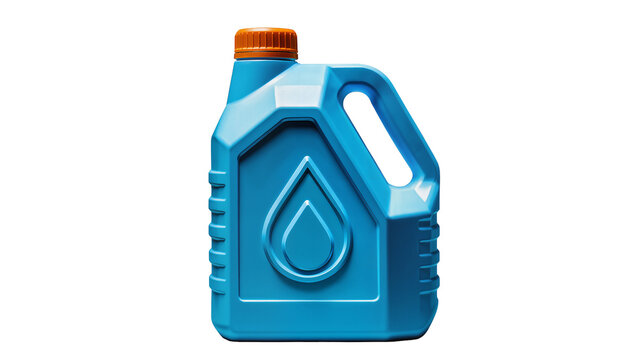 Blue plastic container with orange cap and water drop symbol