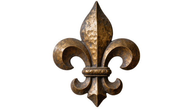 Ornate bronze fleur de lis emblem with textured surface