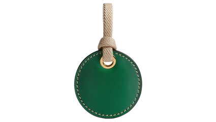 Green leather round tag with rope loop and metal eyelet © Julia