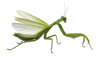 Green praying mantis with wings spread showing delicate veins © Lisa