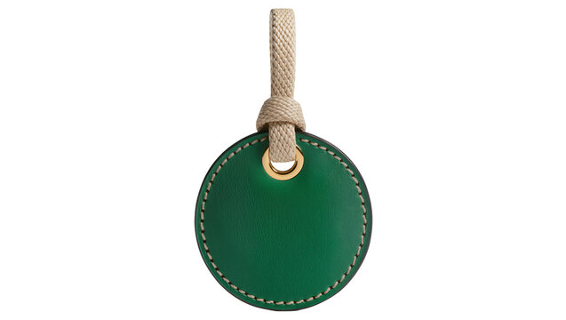 Green leather round tag with rope loop and metal eyelet