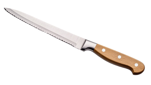 Serrated bread knife with wooden handle and metal bolster