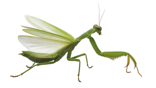 Green praying mantis with wings spread showing delicate veins