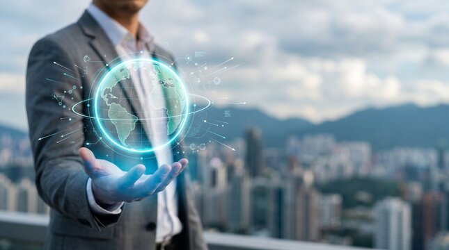 Businessman holding glowing holographic world globe with global network technology in city