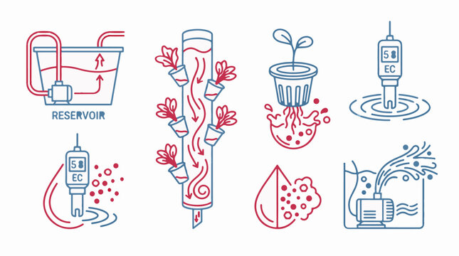 Hydroponic system components and equipment icons set