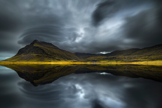 Montagne et reflet sous des nuages lenticulaires, p&eacute;ninsule de Sn&aelig;fellsnes, Islande
