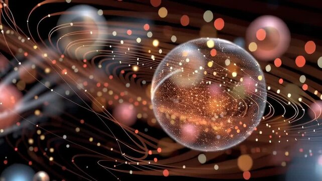 Cosmic spheres pulse with golden light. Orbital trails swirl through deep space. Particles glow as if alive and free. Vast emptiness holds celestial wonder. Ideal for science fiction or cosmic themes