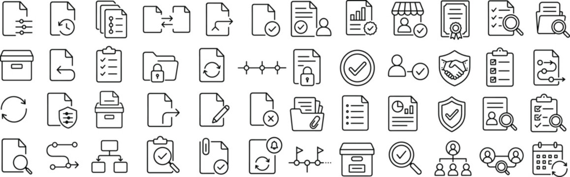 Document Management and Business Compliance Line Icons, Minimalist Outline Web Vector Symbols on White Background for Workflow Automation, Audit, and Project Management UI Design