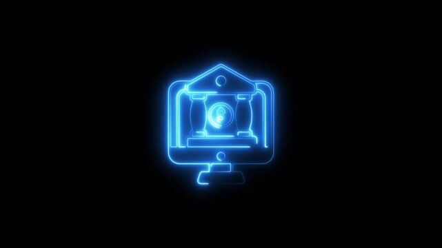 Neon blue smart home security system camera on computer monitor with house outline on black background