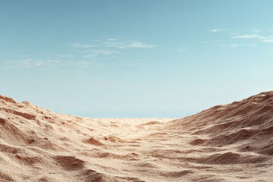 Sunny desert landscape with rolling sand dunes under clear blue sky