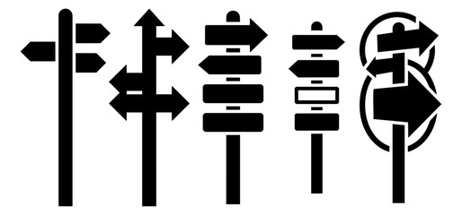 Set of various signpost icons with arrows for direction and navigation © Rani