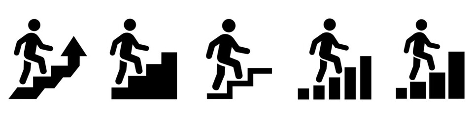 Obraz premium Man walking up stairs icon set for career growth and progress