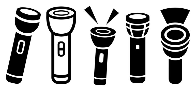 Collection of five flashlight icons in silhouette style showing different torches