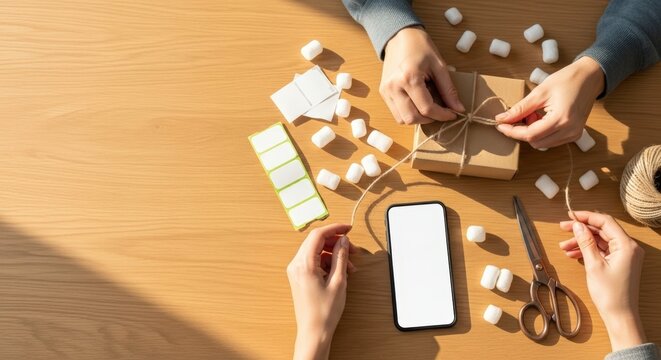 Hands wrapping a gift box with twine and scissors on a wooden table.