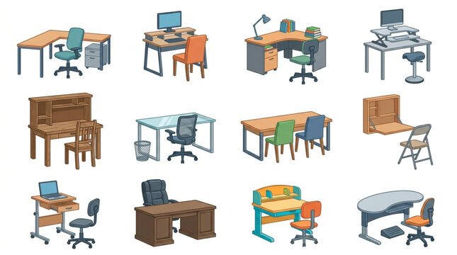 Collection of Office Desks and Chairs for Workspace Design.