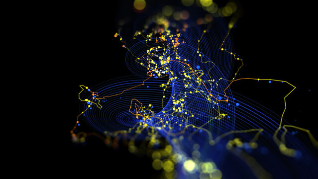Abstract animation background from  spiral blue grid of force field with chaotic noisy line connecting dots defocus. Concept technology, science and medical visualisation.