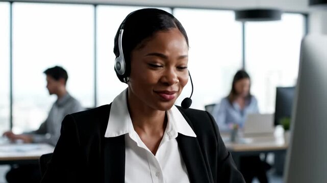 A woman with headset in office, working with other colleagues