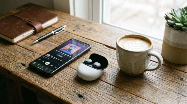 Wireless earbuds in a charging case sit next to a smartphone displaying a music podcast app on a rustic wooden table with a latte and notebook in soft natural light.