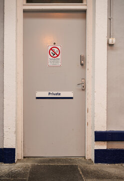 Staff area entrance door with Private Sign at Thurso Railway Station, Scottish Highlands,  Caithness,  Scotland, UK