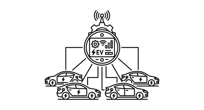 Centralized smart electric vehicle charging grid network icon with electric car, control panel