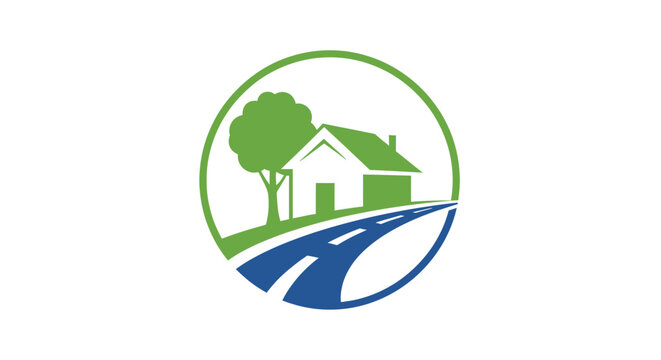 A circular icon showing a simple house with a tree and a road