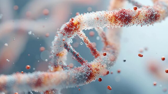 DNA helix floats in abstract, icy environment. Red particles drift around crystalline structure. Scene suggests genetic research or molecular science. Frosty texture implies cold
