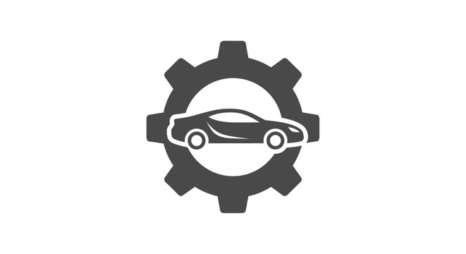 A dark grey icon showing a car silhouette inside a mechanical gear shape