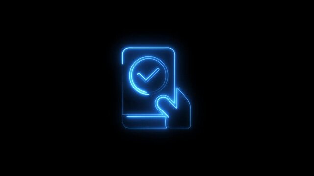 Neon checkmark on mobile phone screen with hand pointer on black background neon sign
