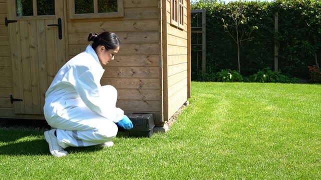asian female exterminator in white protective suit and blue gloves placing black pest control bait station near wooden shed in green backyard. rodent extermination service, home maintenance, hygiene.