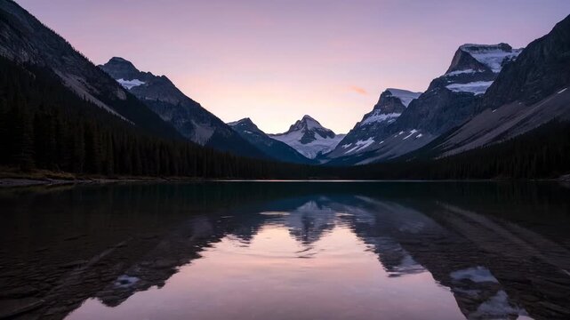 Majestic mountain range mirrored in tranquil lake during a colorful sunset