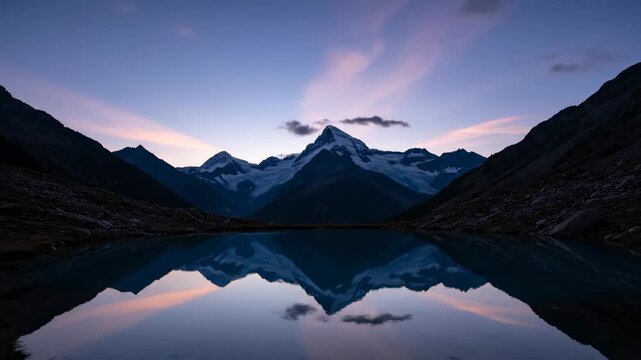 Majestic mountain range mirroring in serene lake under a colorful twilight sky