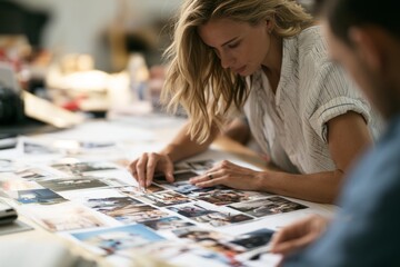 Fototapeta premium Creative team arranging printed moodboard for branding in office