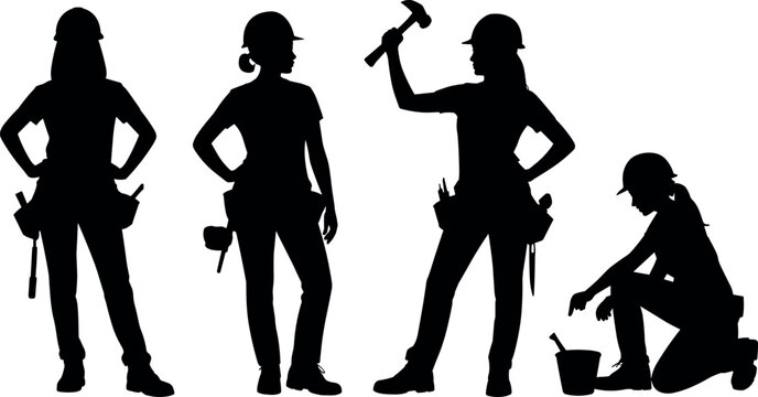 Silhouette of Female Construction Workers and Contractors with Hardhats and Tool Belts Working on a Building Site