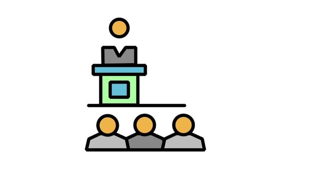 Animated business conference icon showing a speaker standing on stage giving a presentation speech to three listeners or audience.
