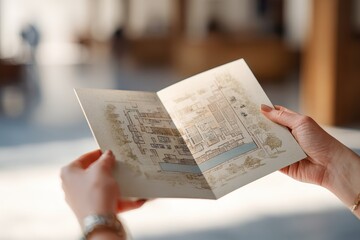 Naklejka premium Visitor holding an open museum floor map brochure inside a bright gallery hallway with blurred background. AI generated image