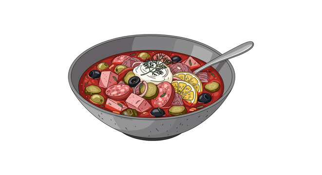 Traditional solyanka soup with sausage and olives solyanka traditional gastronomy delicious homemade restaurant nutrition flavorful