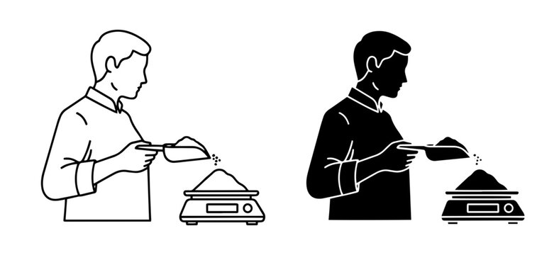 Person Weighing Powder, Ingredient Measurement, Digital Scale Icon Set