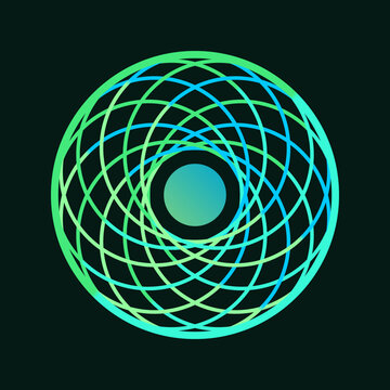 Abstract geometric teal and green bioluminescent neural torus sphere design isolated on a dark background.