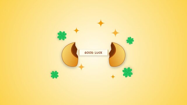 Flat vector animation of a golden fortune cookie cracking open to reveal a good luck paper message with floating clovers and sparkles 4K