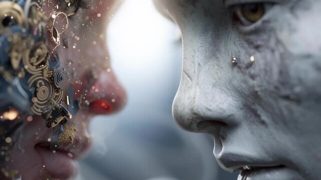 Two faces face each other, one organic, one mechanical. The organic side shows emotion through tearful eyes and open mouth. The mechanical face reveals gears and sparks beneath its skin