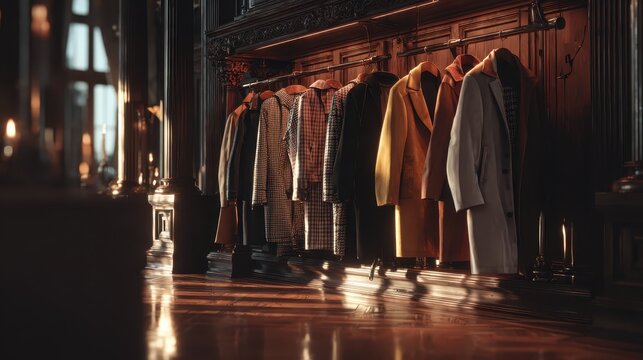 Row of visitor coats hanging on a rack inside a warmly lit classical museum corridor with arched doorway and blurred gallery paintings in background. AI generated image